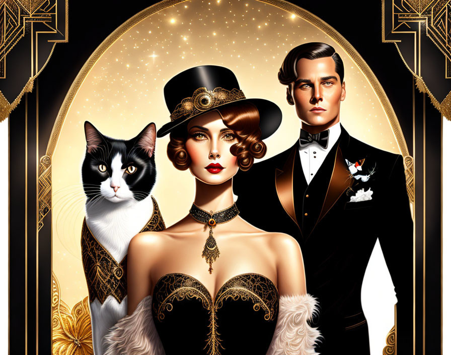 Vintage-style portrait of elegant woman, dapper man, and cat against ornate art deco backdrop