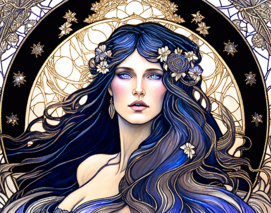 Illustrated woman with blue hair and floral adornments on golden, starry Art Nouveau backdrop