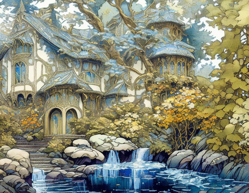 Detailed illustration of fairy-tale treehouse in lush setting