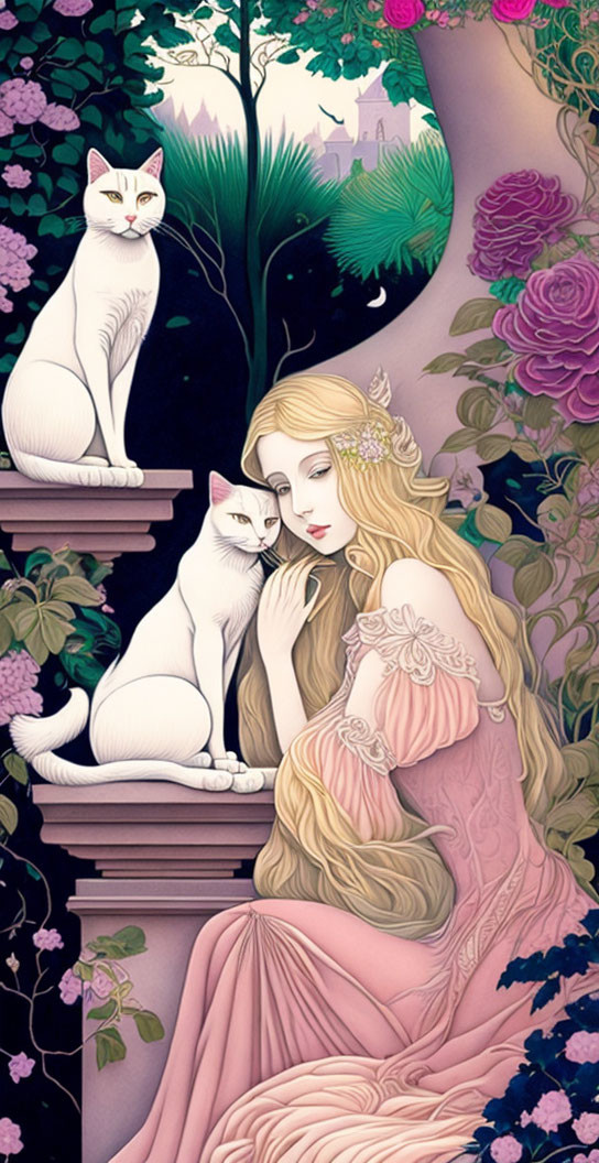 Blonde woman in pink dress with white cats in lush garden