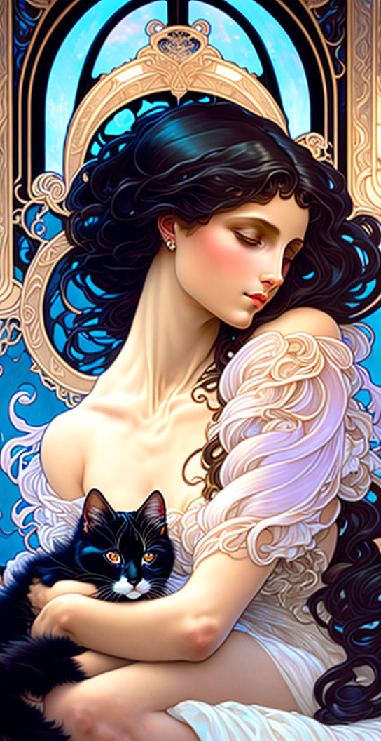 Illustration of woman with dark hair holding black and white cat in Art Nouveau setting