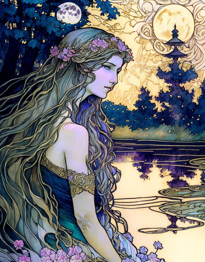 Mystical woman with floral crown in moonlit night