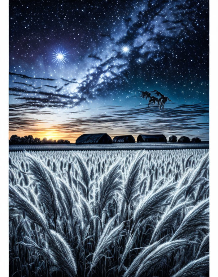 Starry night sky over wheat field with deer silhouette