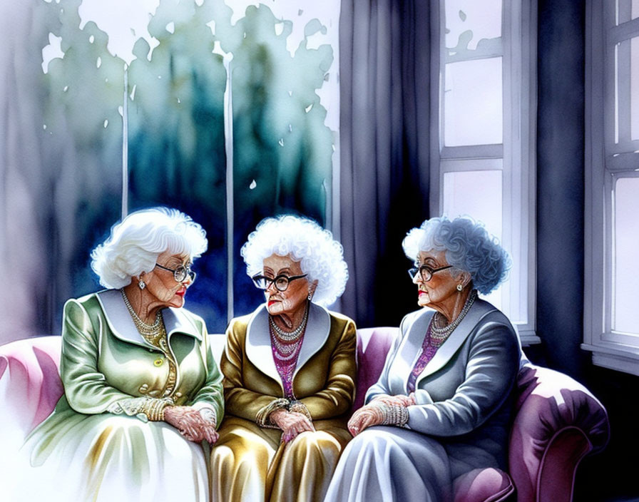 Elderly ladies chatting on couch and chair by window with sunlight.