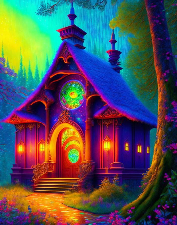 Enchanted forest fantasy cottage with neon lights & thatched roof