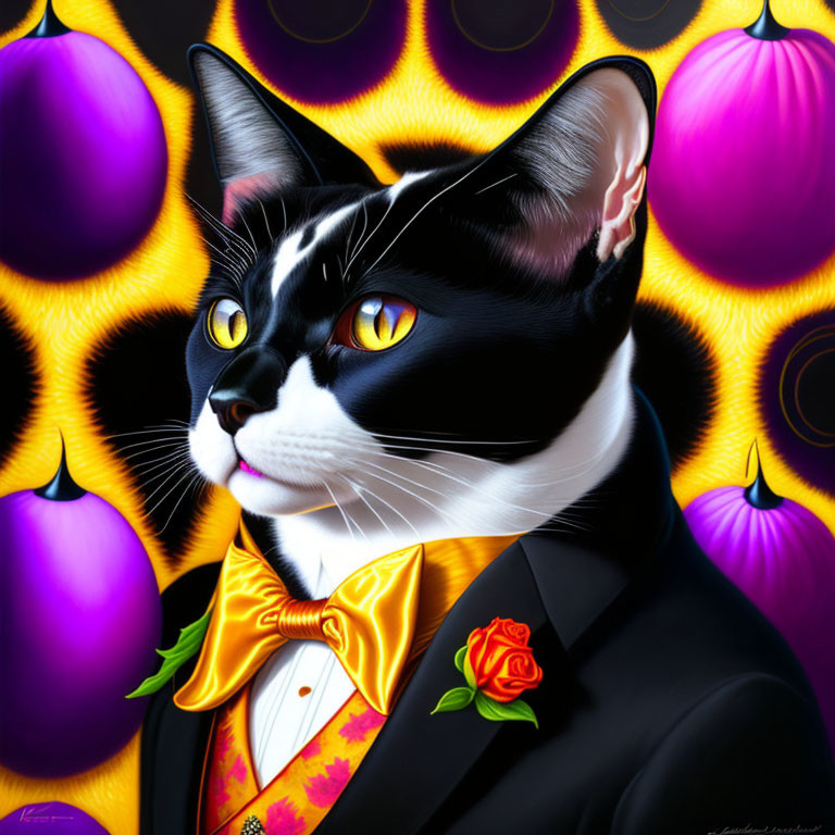 Black and White Tuxedo Cat with Yellow Bow Tie and Red Rose Boutonnière on Pattern