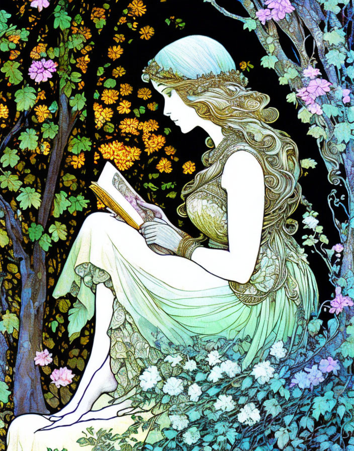 Woman reading book under tree with flowing hair and pastel dress