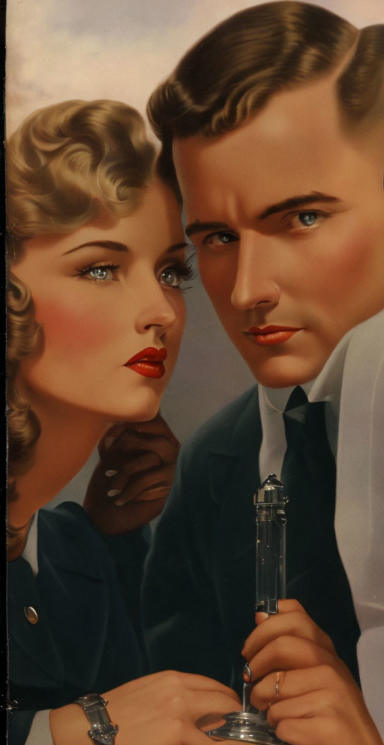 Vintage Close-Up Illustration of Man and Woman in Classic 1940s Glamour