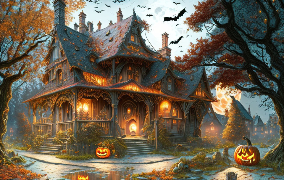 Victorian-style haunted house with Halloween decorations in autumn setting.