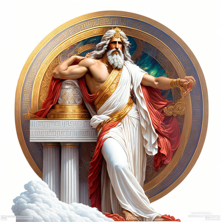 Bearded figure in white and red robe with gold crown against cloud backdrop and Greek motifs