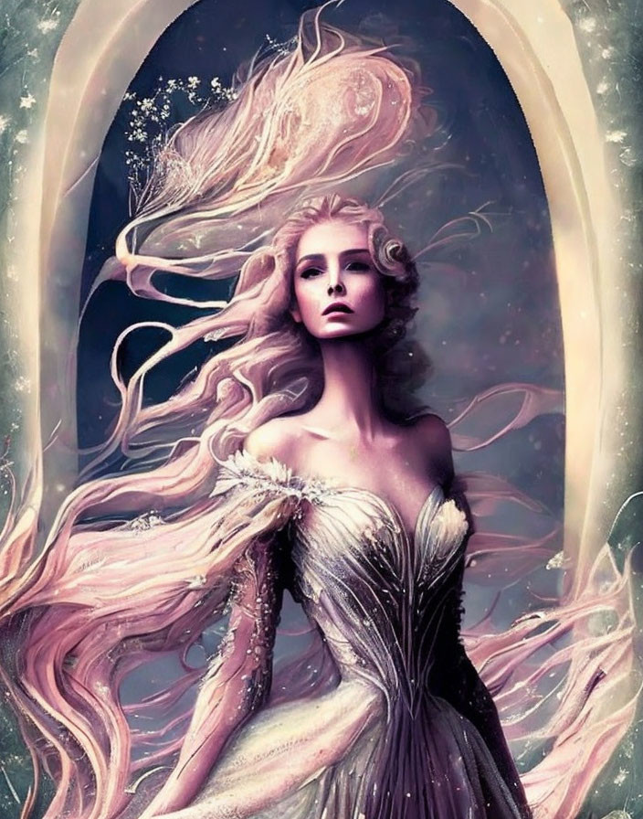 Mystical woman with flowing hair in elaborate gown against dark background