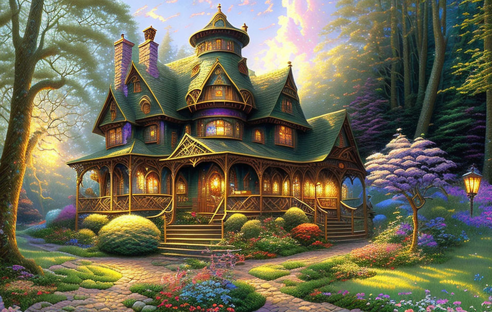 Victorian house in magical forest with glowing lights & vibrant flora