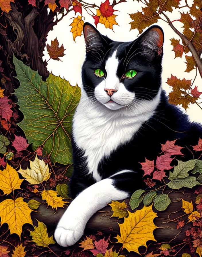 Black and White Cat with Green Eyes in Autumn Leaves