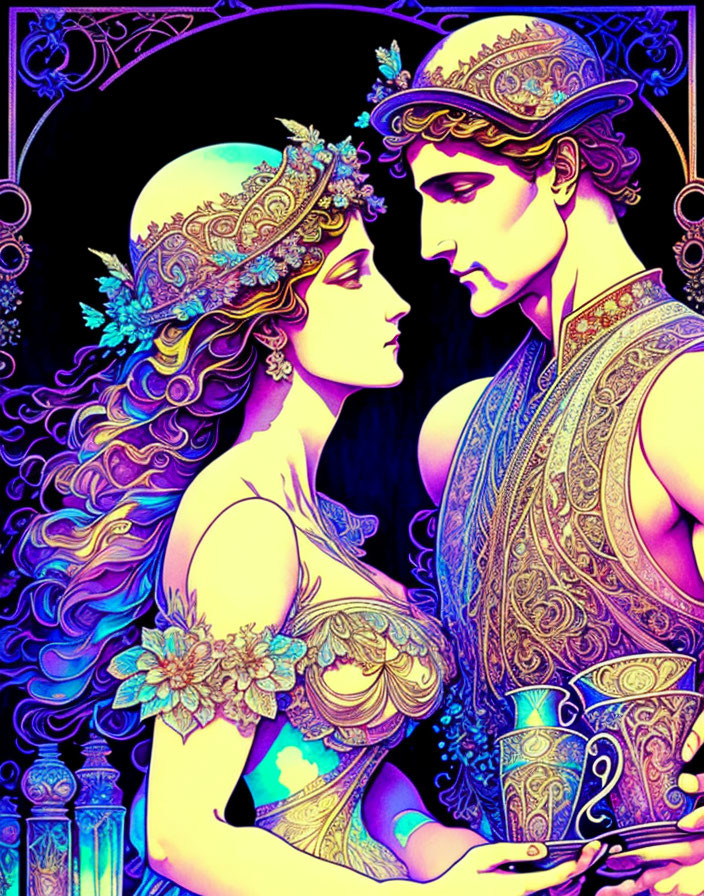 Man and woman in historical attire with vibrant colors and intricate patterns