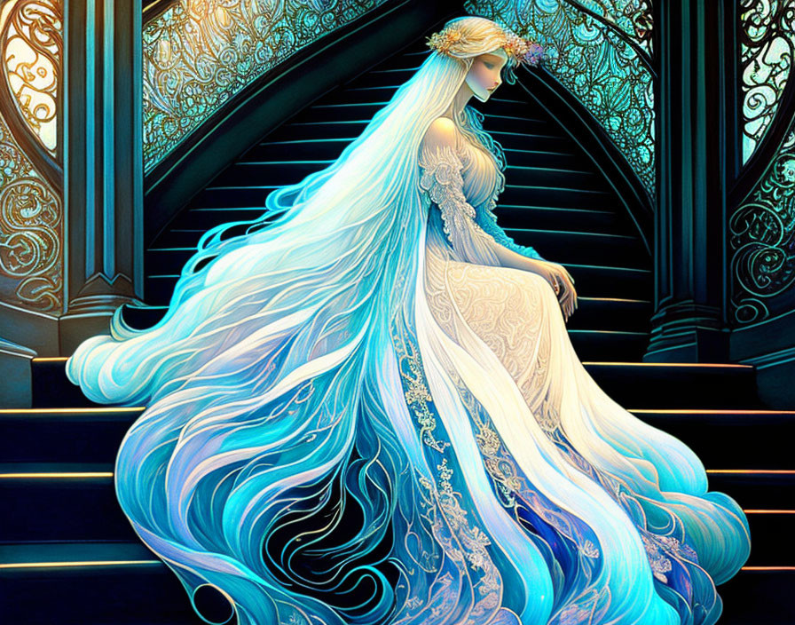 Bride in flowing blue gown on staircase with intricate ironwork