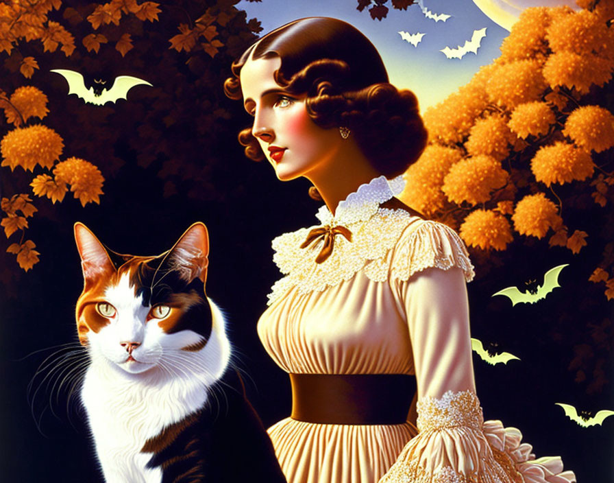 Vintage-style illustration: Woman in yellow dress with cat, autumn trees, flying bats