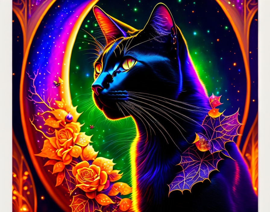 Colorful Artwork: Black Cat with Green Eyes in Cosmic Setting