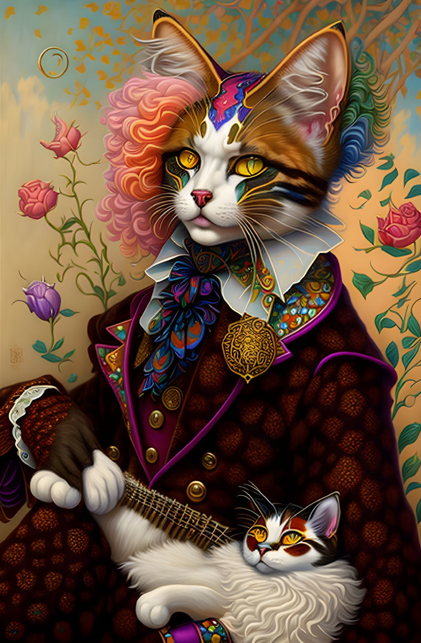 Colorful Renaissance attire on anthropomorphized cat with lute & kitten, floral backdrop.