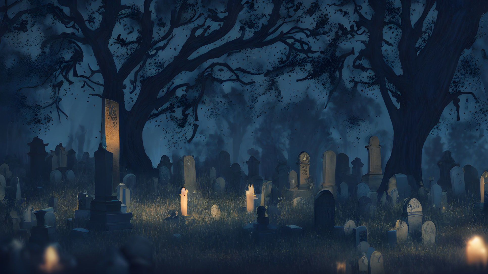 Nocturnal graveyard scene with silhouetted trees and glowing candles