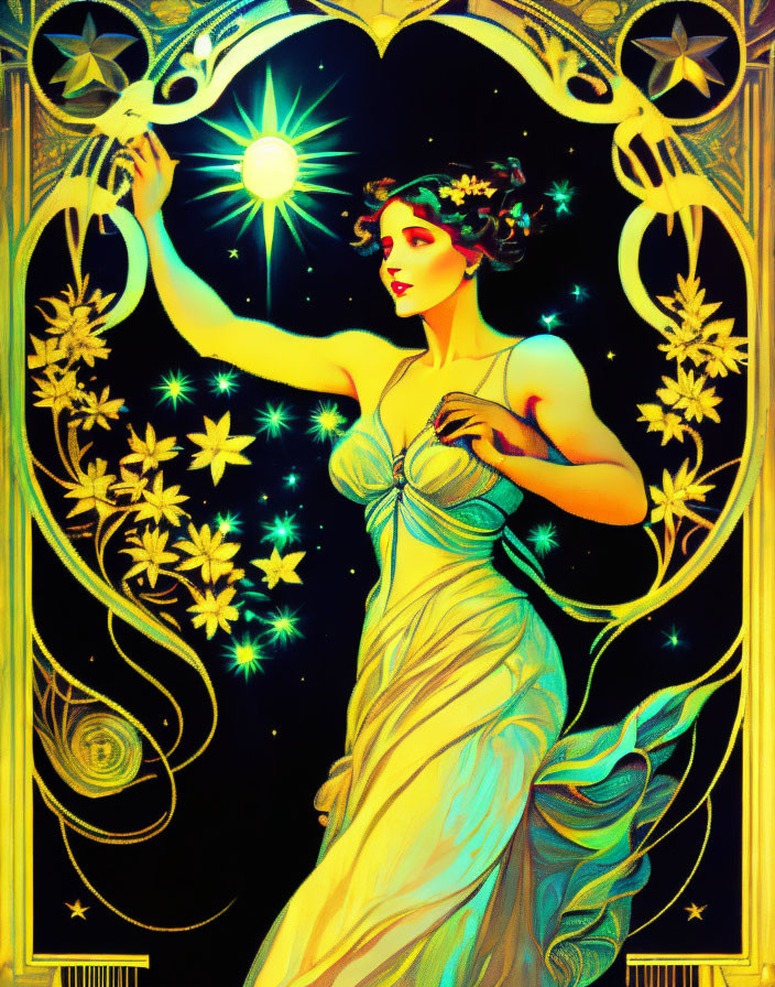 Art Nouveau Woman with Stars and Floral Motifs in Golden and Teal Palette