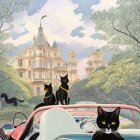 Illustration of two cats, red sports car, cobblestone path, and enchanting castle in