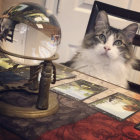 Surreal golden carriage with cats in bubble against twilight sky