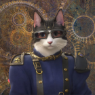 Anthropomorphic cat digital art in aviator gear with blue jacket