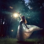 Woman in white dress under glowing moon on starry night surrounded by trees