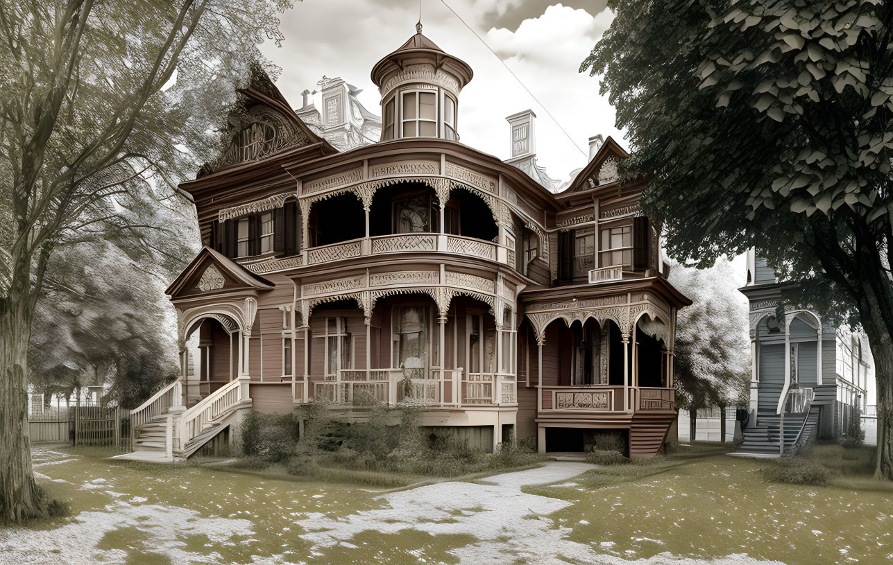 Victorian-style house with ornate woodwork, tower, verandas, and landscaped garden