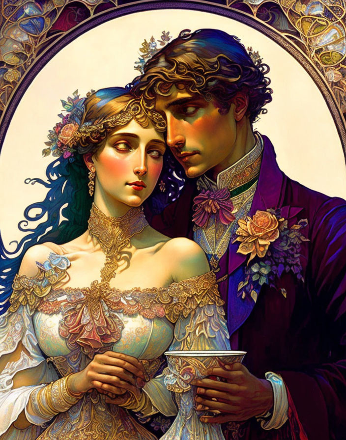 Elaborate Vintage Clothing Couple Illustration in Floral Frame