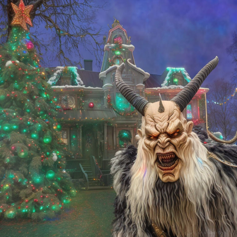 Krampus Figure with Christmas Tree and Festive House