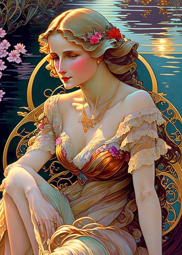 Golden-haired woman in floral gown by water in Art Nouveau style