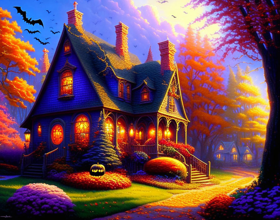 Whimsical autumn-themed Victorian house illustration with Halloween decorations