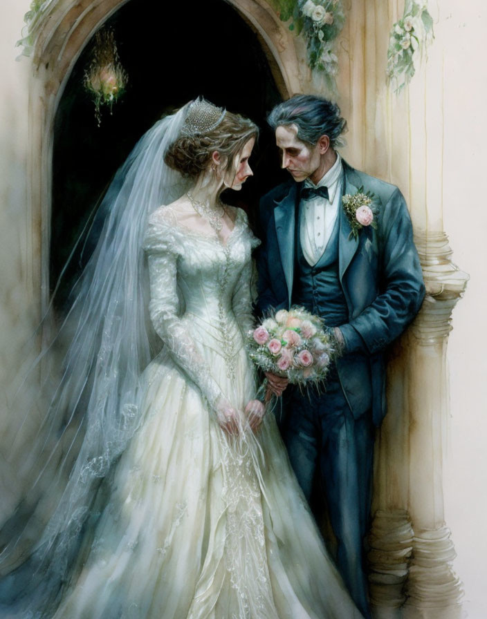 Bride and groom in elegant wedding attire by arched doorway