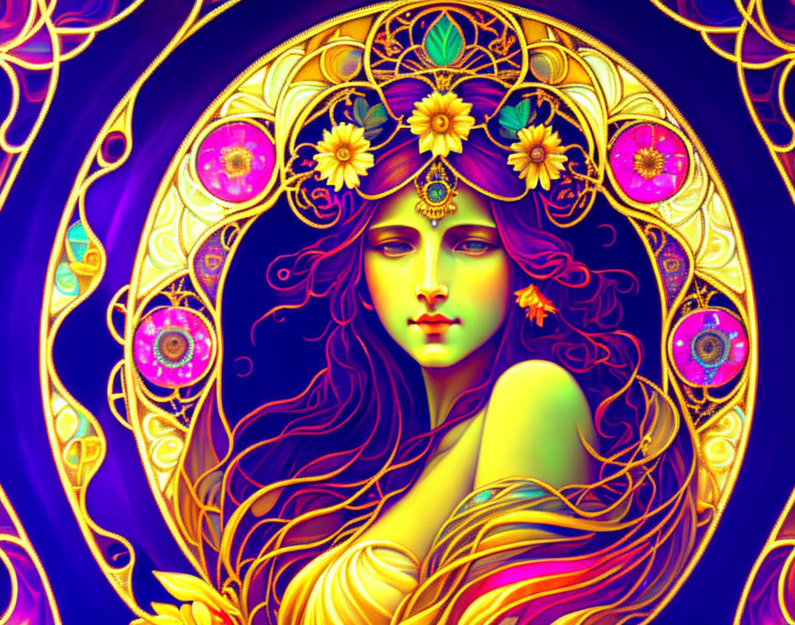 Digital artwork: Woman with golden hair and floral jewelry on cosmic purple backdrop