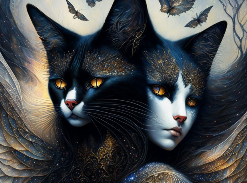 Digital artwork: Two-faced cat with golden patterns and butterflies merging into a woman's face