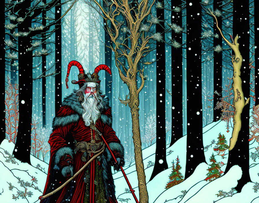 Majestic Santa Claus-like figure in snowy forest with horns