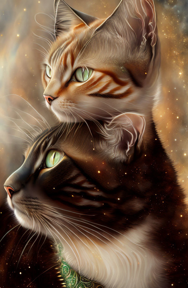 Two Cats with Green Eyes in Realistic Illustration Style