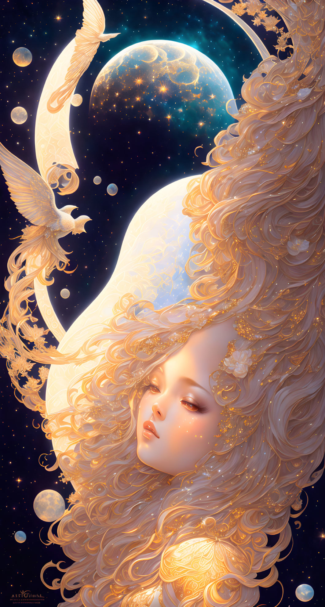 Surreal illustration of woman with golden hair and birds in celestial setting