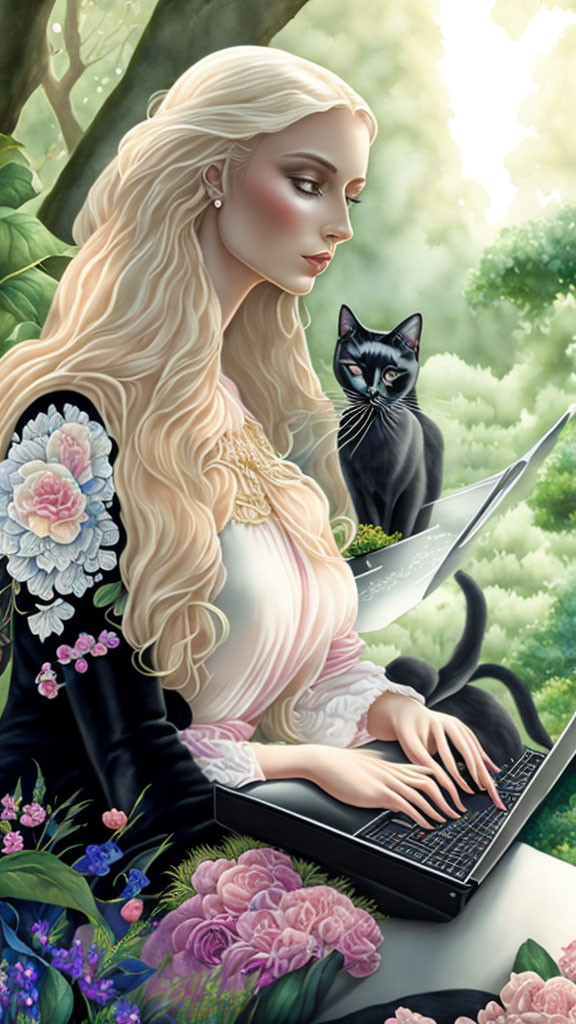 Blonde woman with long hair on laptop in flower-filled garden with black cat