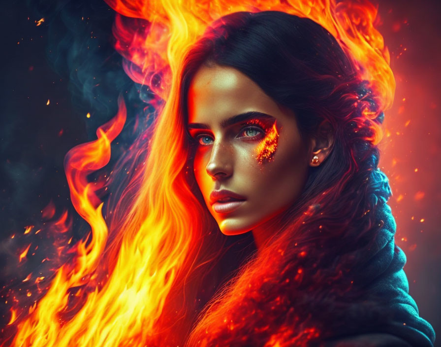 Woman with piercing eyes surrounded by fiery colors and ember-like design.