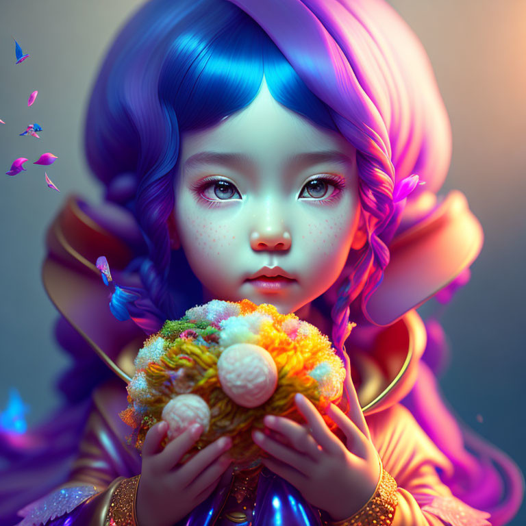 Colorful Hair Girl with Bouquet in Dreamlike Setting