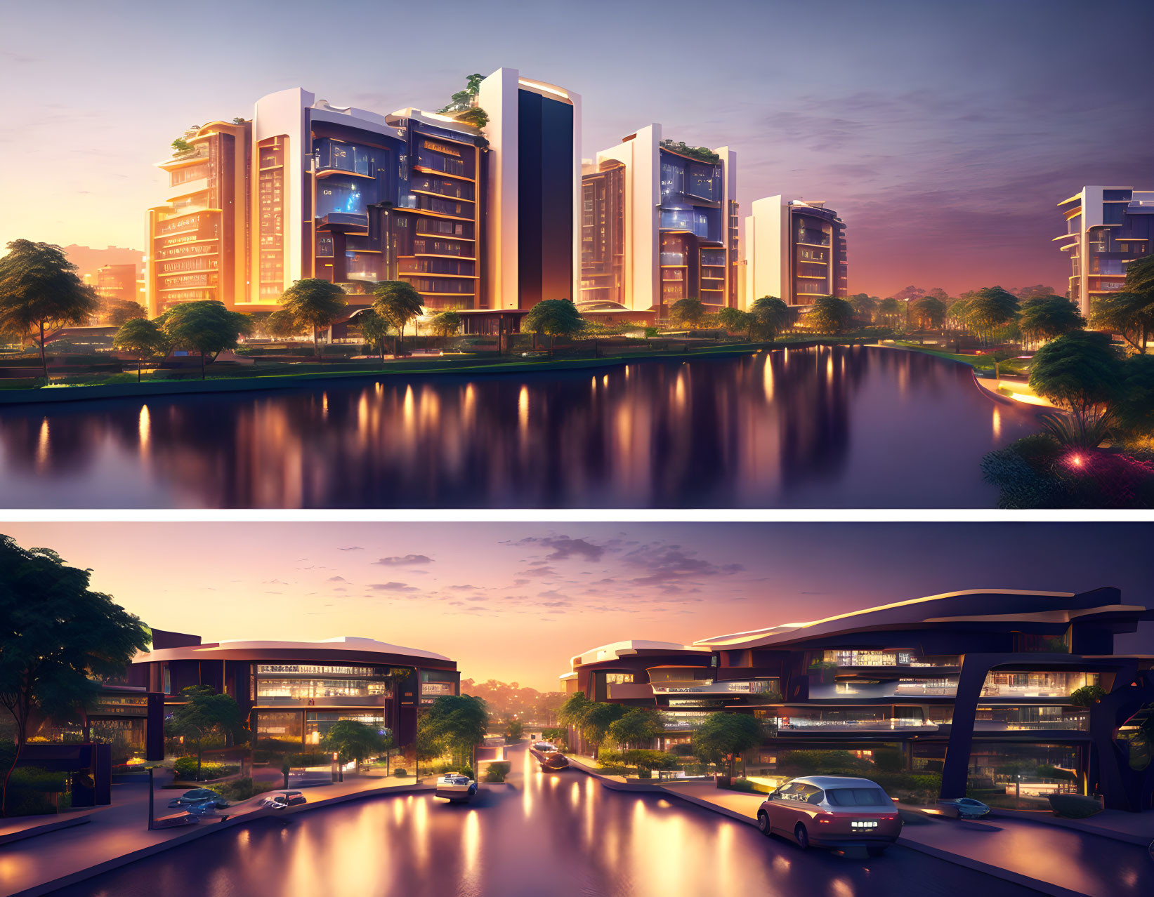 Residential buildings near river at sunset with urban architecture & lush landscaping