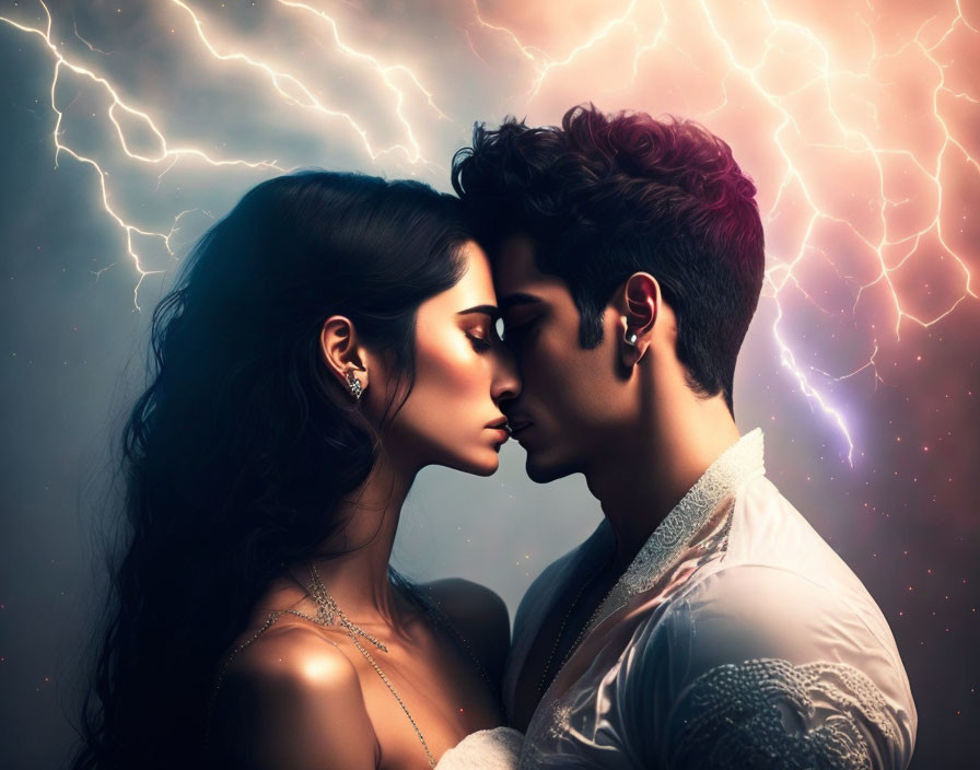 Couple nose-to-nose in romantic embrace with lightning background