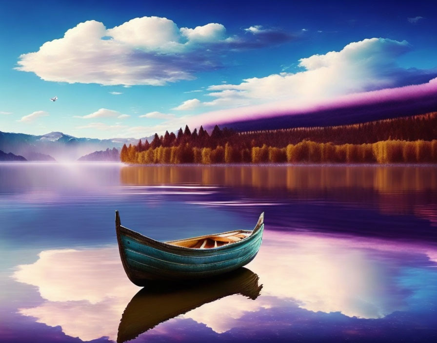 Blue boat on calm lake with sunset clouds reflection and purple sky