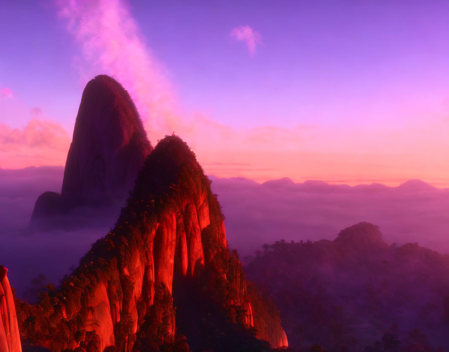 Majestic purple and pink mountain peaks at sunrise or sunset with soft clouds below