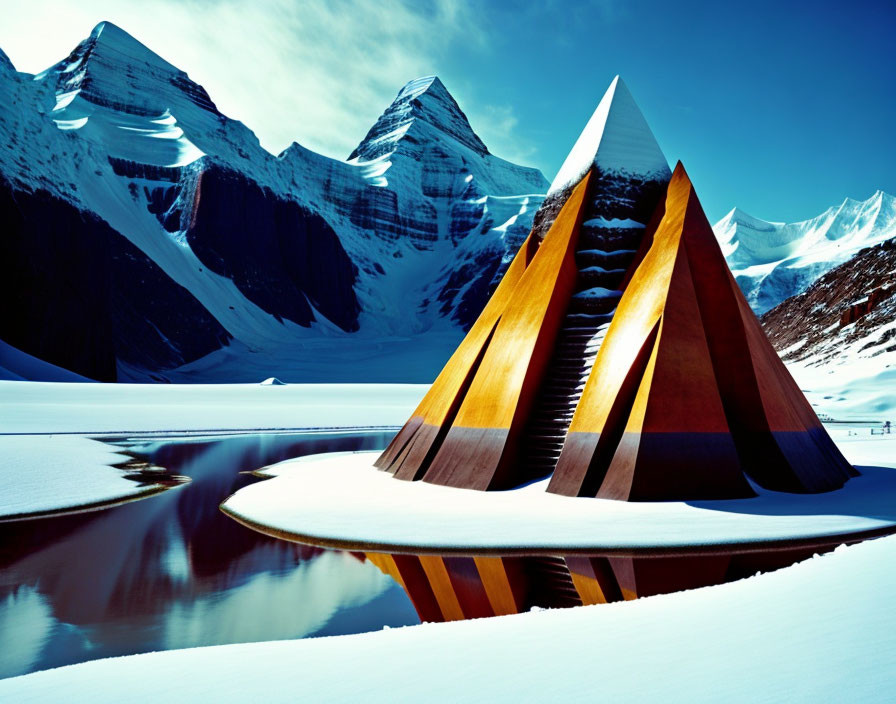 Futuristic pyramid structure in snowy mountain landscape with reflection.