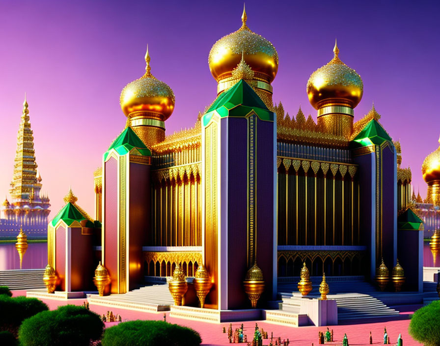 Vibrant digital artwork: fantastical palace with golden domes and intricate details