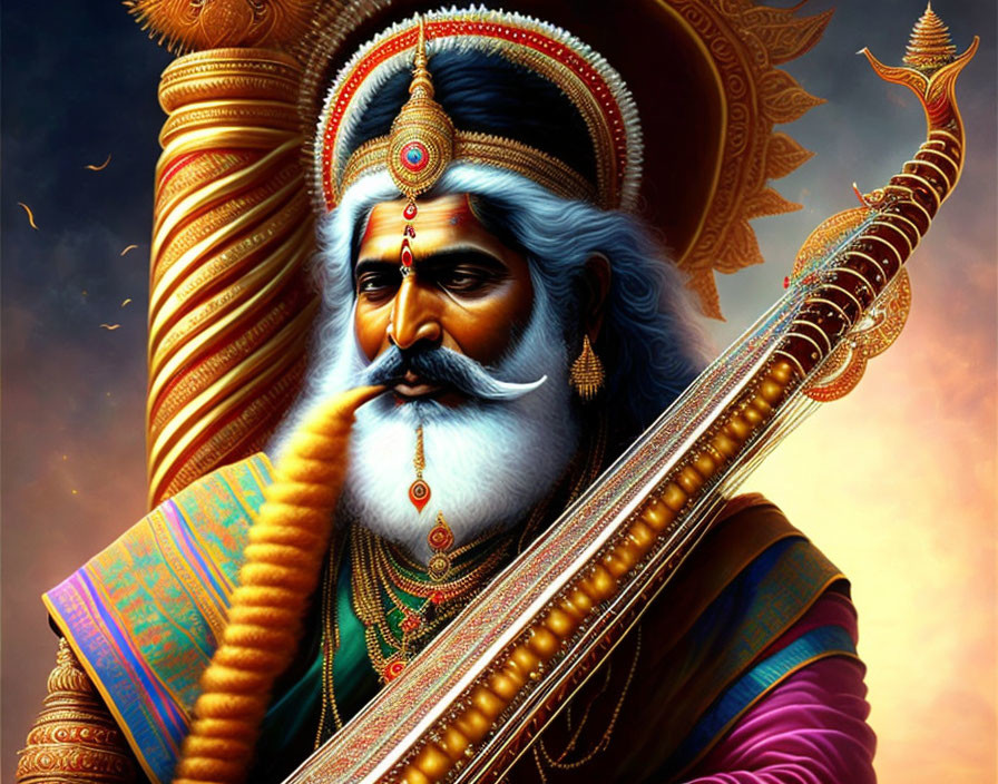 Regal man in traditional Indian attire with white beard on dramatic sky backdrop