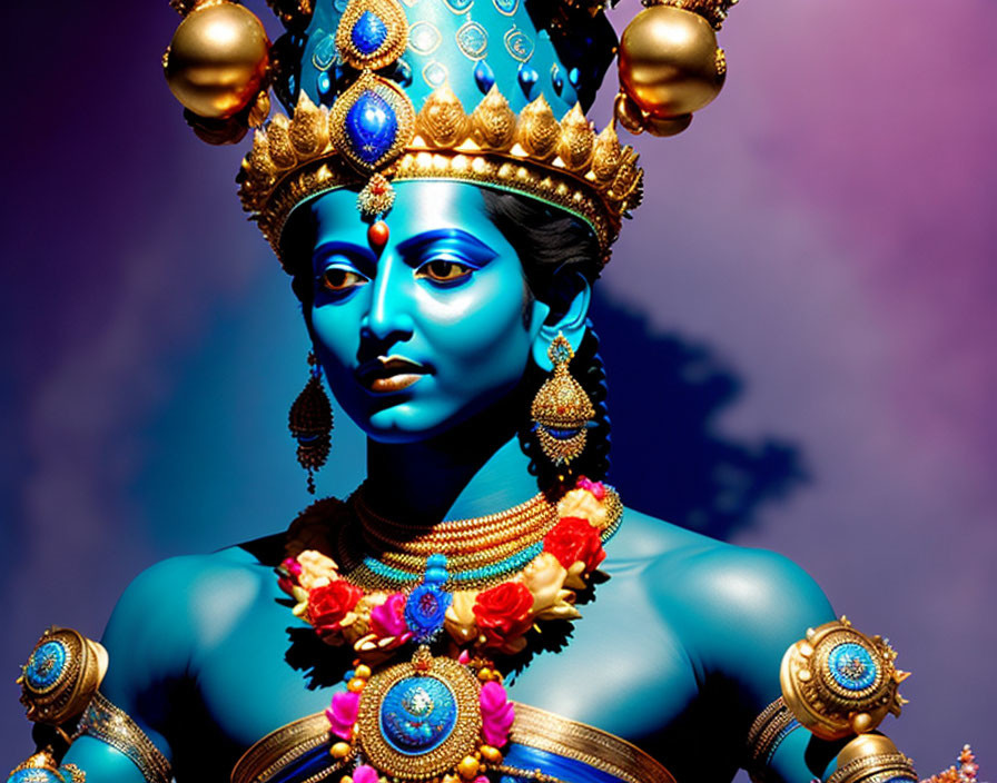 Blue-skinned figure with crown and jewelry on purple background